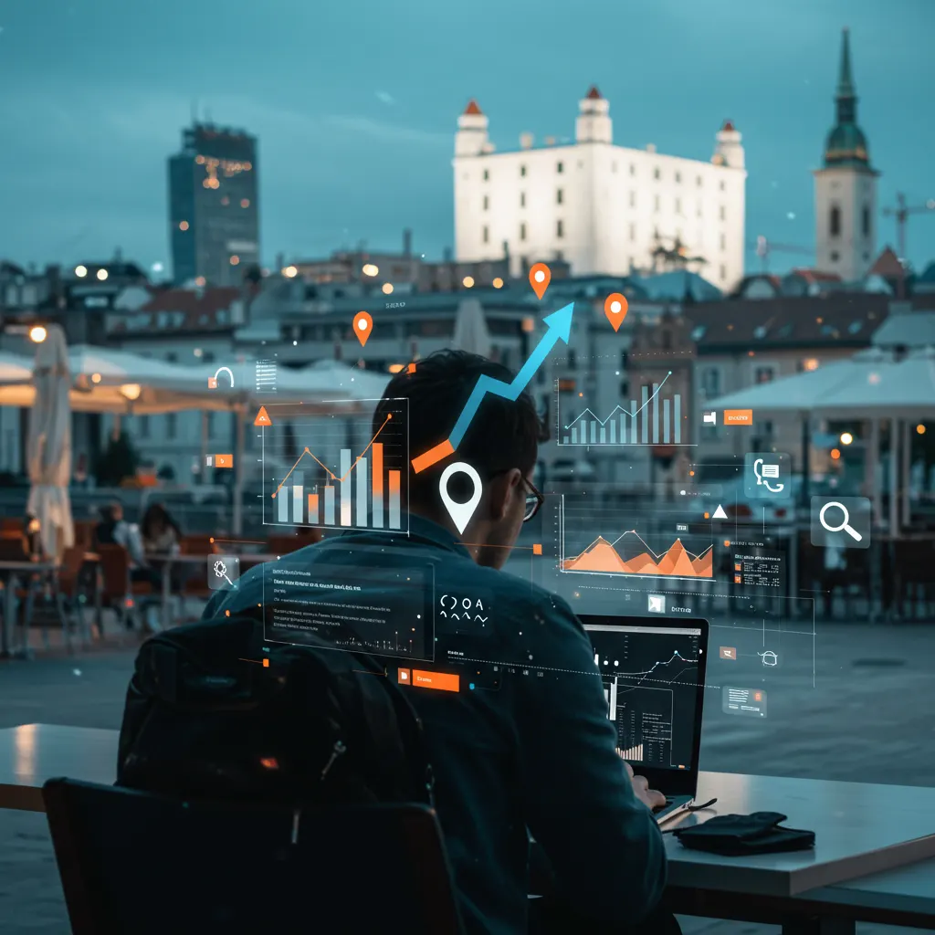 Digitálny marketing pre malé firmy v Bratislave – človek pracujúci na notebooku s grafickými prvkami online stratégie.