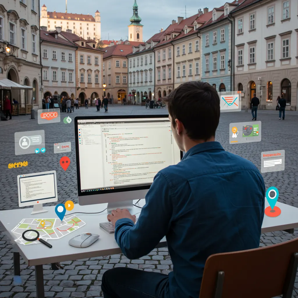 Osoba pracujúca na tvorbe obsahu s miestnymi kľúčovými slovami na notebooku.