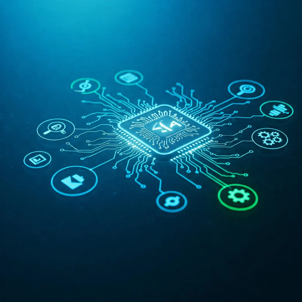 Abstraktné zobrazenie AI nástrojov pre marketing a automatizáciu v digitálnom marketingu 2025, bez tvárí a textu