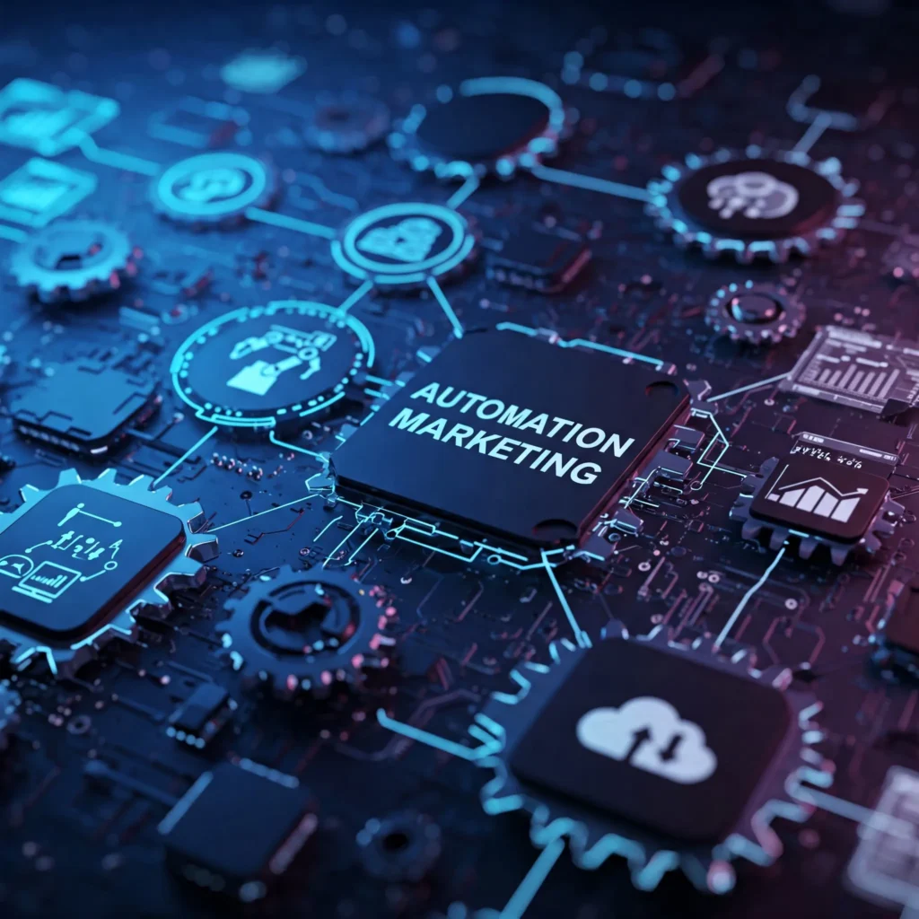 Abstraktné znázornenie automatizácie a digitálnych nástrojov v marketingovej stratégii 2025, bez tvárí a textu