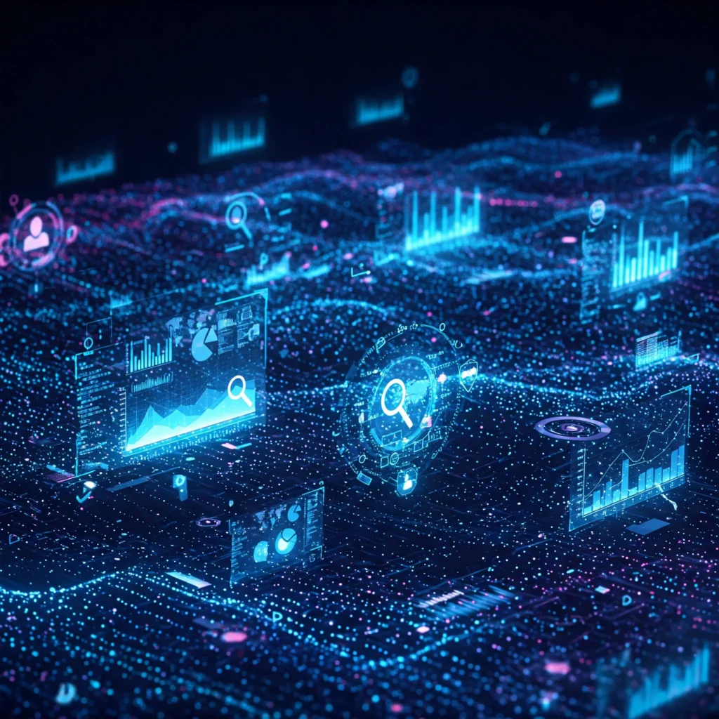 Futuristická vizualizácia trendov v marketingu a digitálnej zákazníckej cesty pre rok 2025, bez tvárí a textu