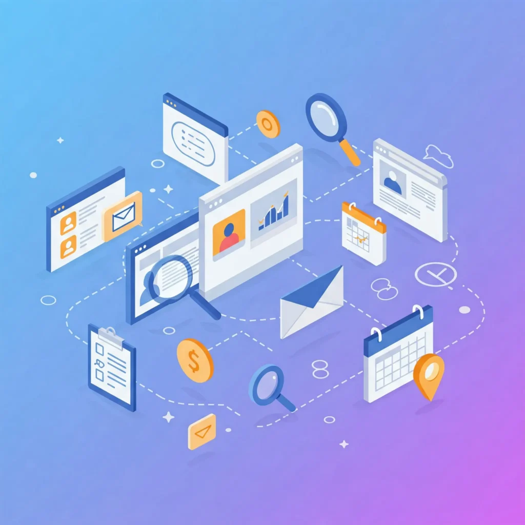 Digitálne ikony adresárov, médií a marketingových nástrojov prepojené linkami ako vizuálna metafora spätných odkazov