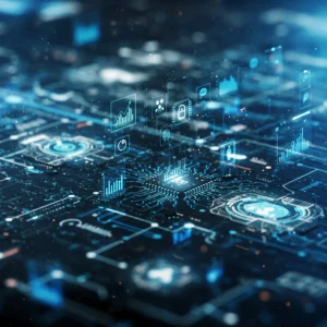 Futuristická vizualizácia digitálnej marketingovej stratégie 2025 s AI prvkami a prepojenými sieťami, bez tvárí a textu