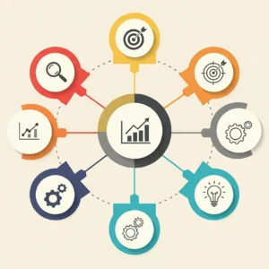 Infografika zobrazujúca kroky marketingovej stratégie pre malú firmu s ikonami auditu, analýzy, cieľovej skupiny, cieľov, plánu, merania a optimalizácie, bez textu a tvárí