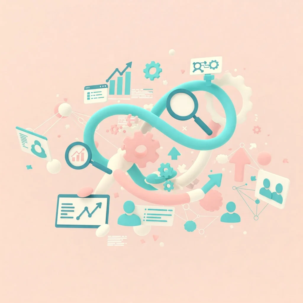 Abstraktná ilustrácia SEO stratégie ako súčasti marketingovej stratégie s digitálnymi ikonami rastu a optimalizácie, bez textu a tvárí