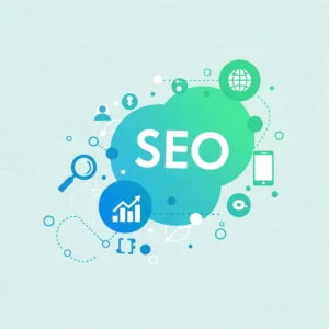 Abstraktná ilustrácia digitálneho rastu a SEO trendov – prepojené ikony symbolizujúce optimalizáciu, globálny dosah a rast organickej návštevnosti, bez textu a tvárí