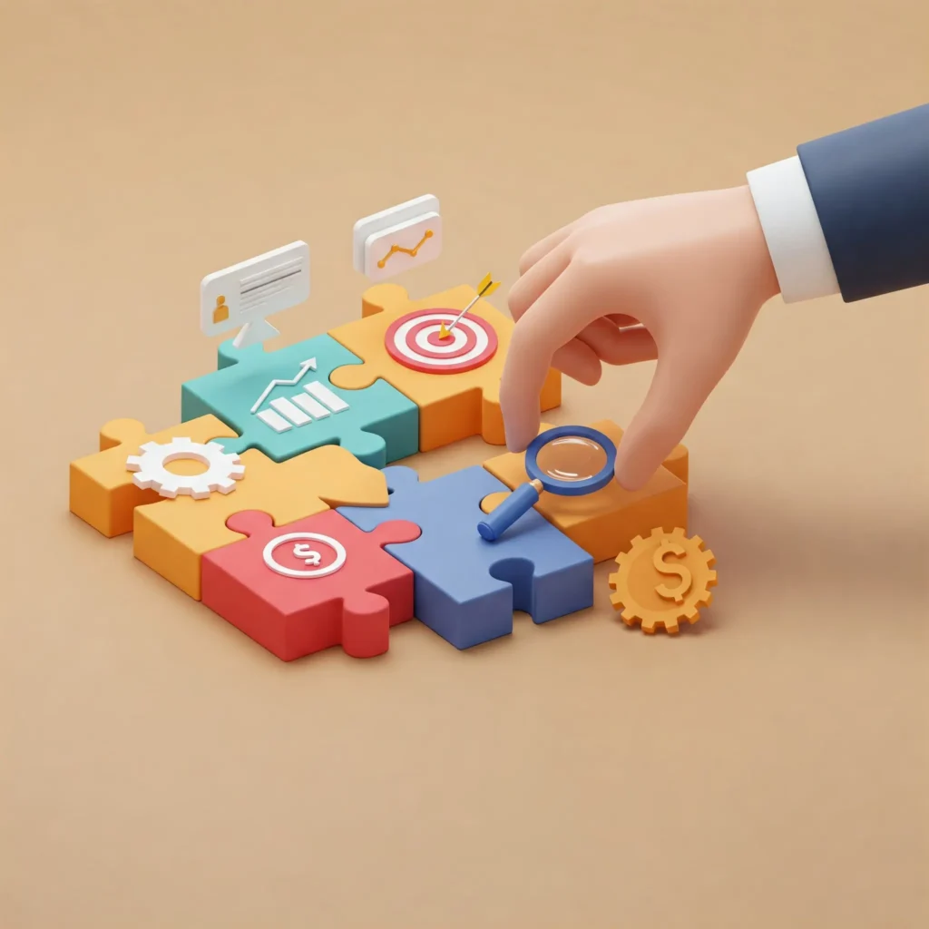Abstraktná ilustrácia digitálnej ruky skladajúcej farebné puzzle dieliky symbolizujúce oblasti marketingovej stratégie a ich zlepšovanie, bez textu a tvárí