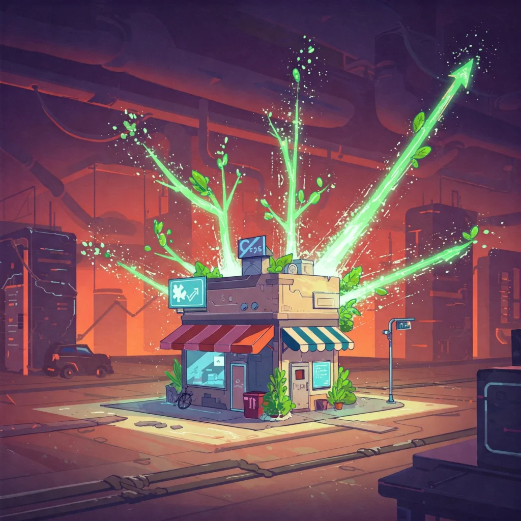 Futuristická ilustrácia rastu malej firmy, ktorú obklopujú svetelné línie a abstraktné prvky symbolizujúce expanziu a úspech vďaka marketingovému rozpočtu.