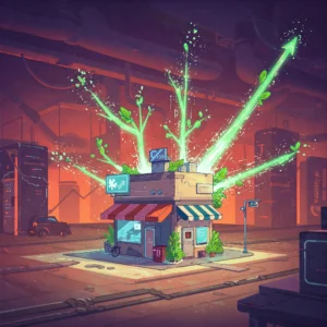 Futuristická ilustrácia rastu malej firmy, ktorú obklopujú svetelné línie a abstraktné prvky symbolizujúce expanziu a úspech vďaka marketingovému rozpočtu.