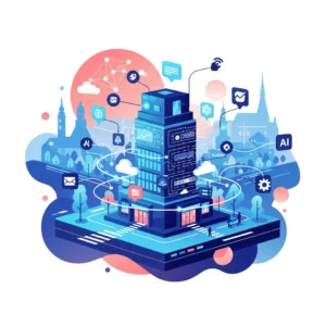 Ilustrácia malej firmy v Bratislave obklopenej digitálnymi prvkami symbolizujúcimi AI marketing a automatizáciu, bez textu a tvárí