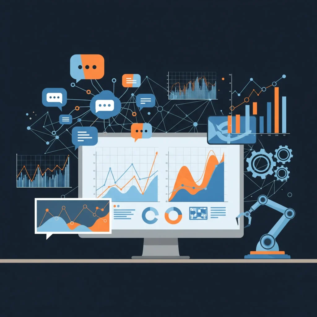 Ilustrácia digitálneho dashboardu s AI nástrojmi pre marketing malých firiem – chatbot, grafy, automatizácia, bez textu a tvárí