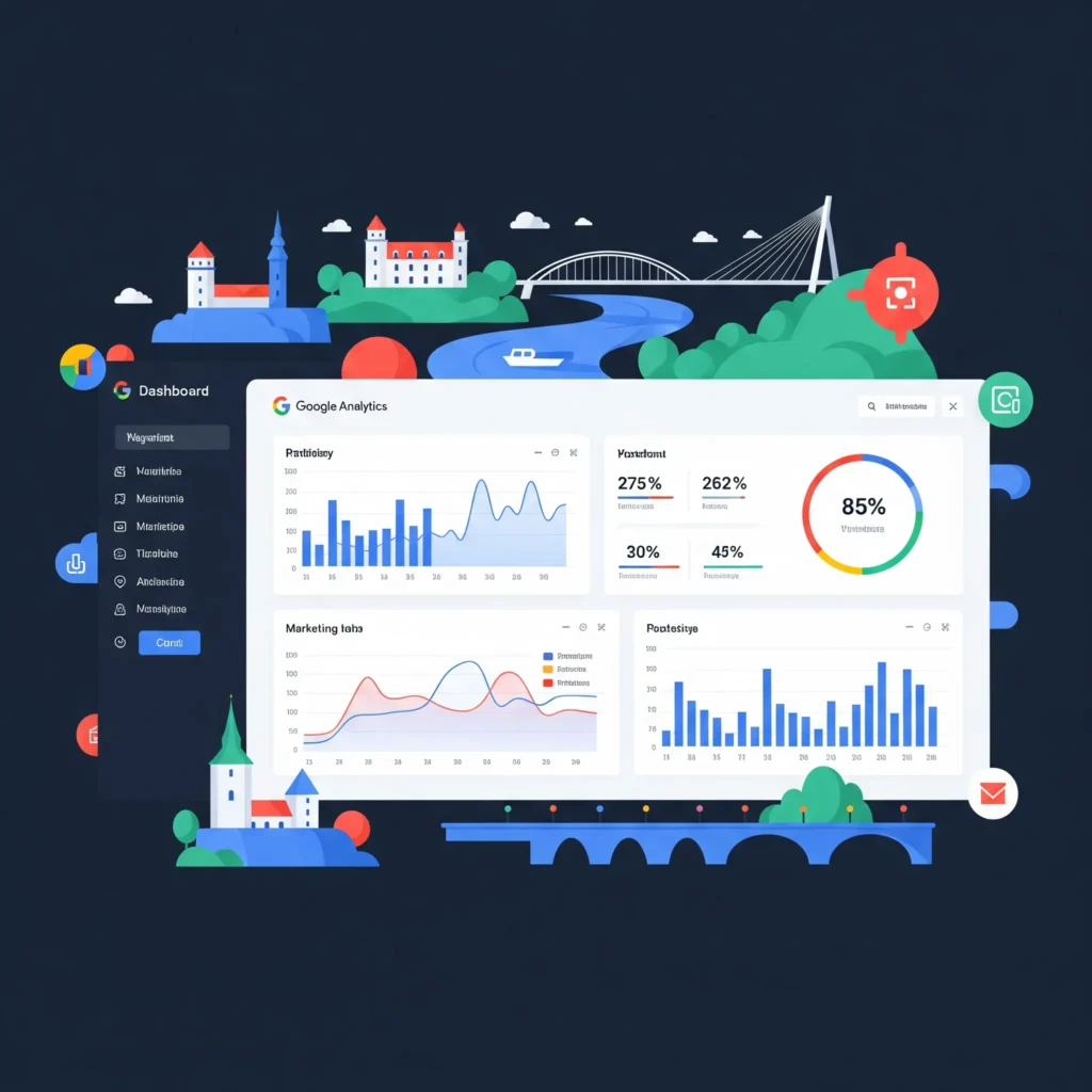 Marketingové metriky Bratislava – digitálny dashboard Google Analytics pre malé firmy, hodnotenie marketingu v Bratislave, bez textu a tvárí