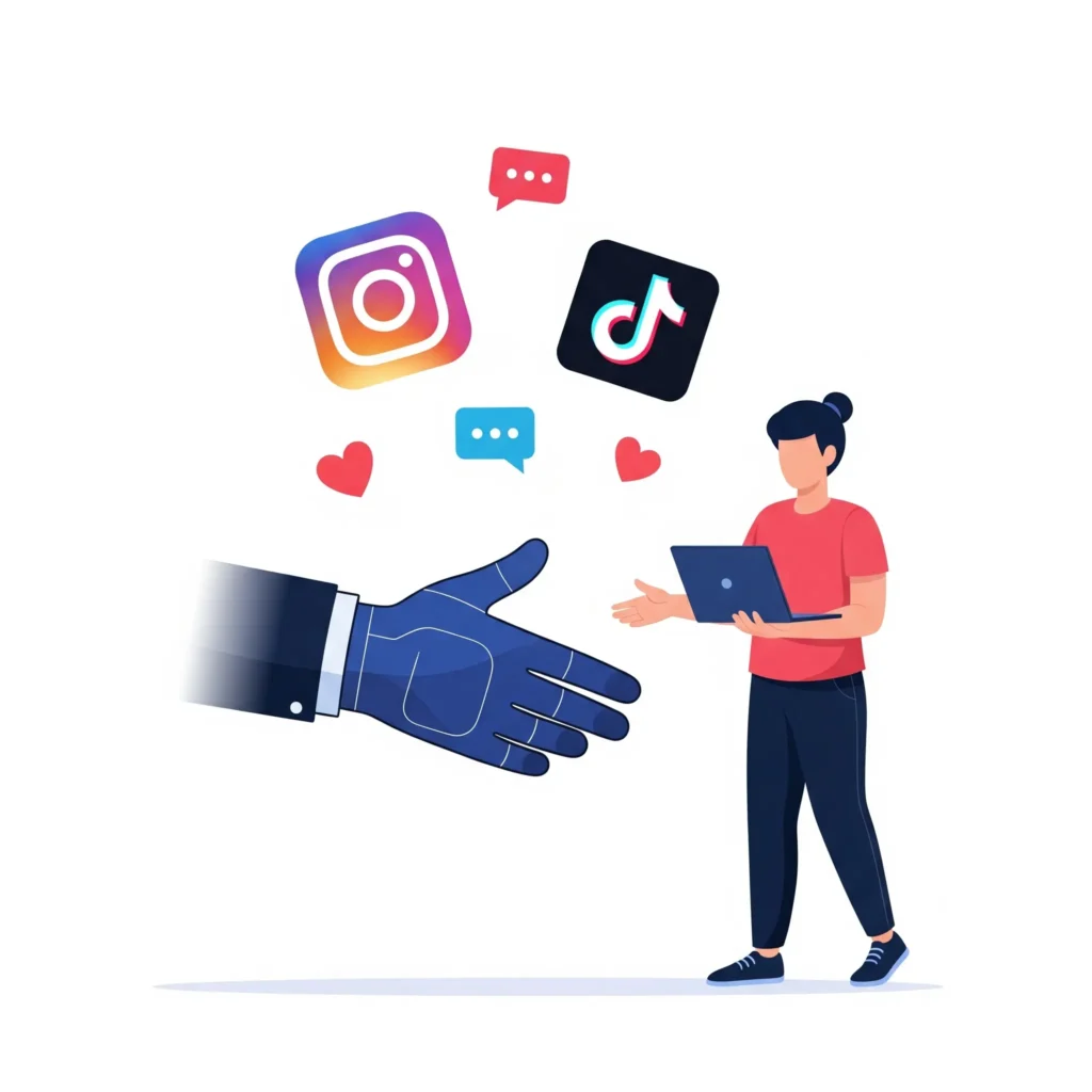 Ilustrácia influencer marketingu pre malé firmy s digitálnym prepojením a symbolikou sociálnych sietí