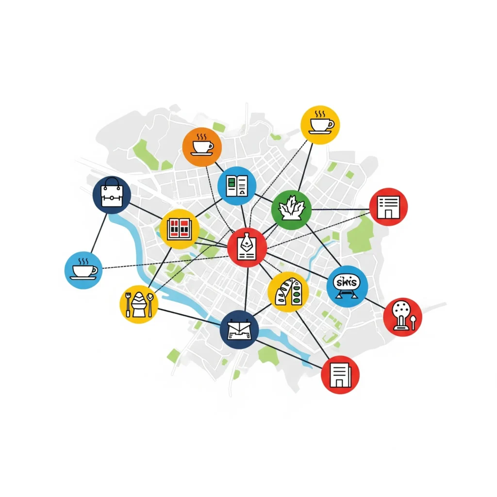 Ilustrácia komunitného marketingu v Bratislave znázorňujúca sieť prepojených malých firiem bez ľudí a textu