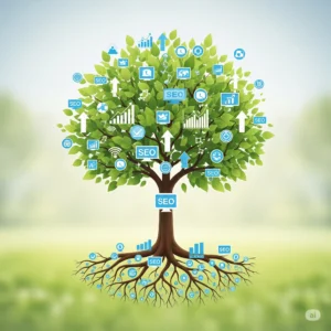 Organický rast a merateľné výsledky SEO – ilustrácia stromu s digitálnymi koreňmi, zelenými listami a SEO symbolmi