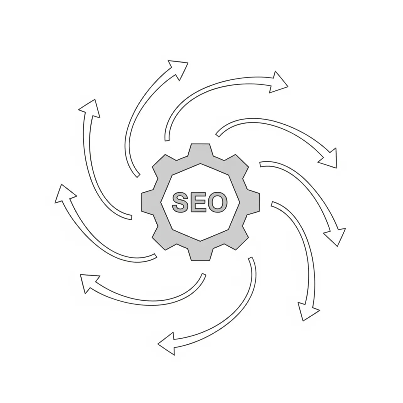 Organický rast SEO marketingu – špirálové šípky vychádzajúce zo SEO symbolu na bielom pozadí