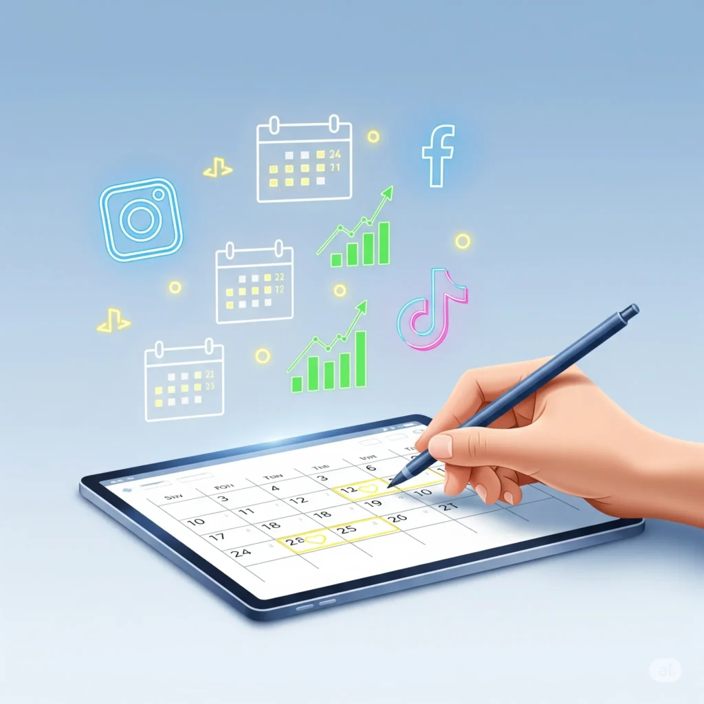 Ilustrácia obsahového kalendára a symbolov sociálnych sietí predstavujúca plánovanie obsahu na sociálne siete