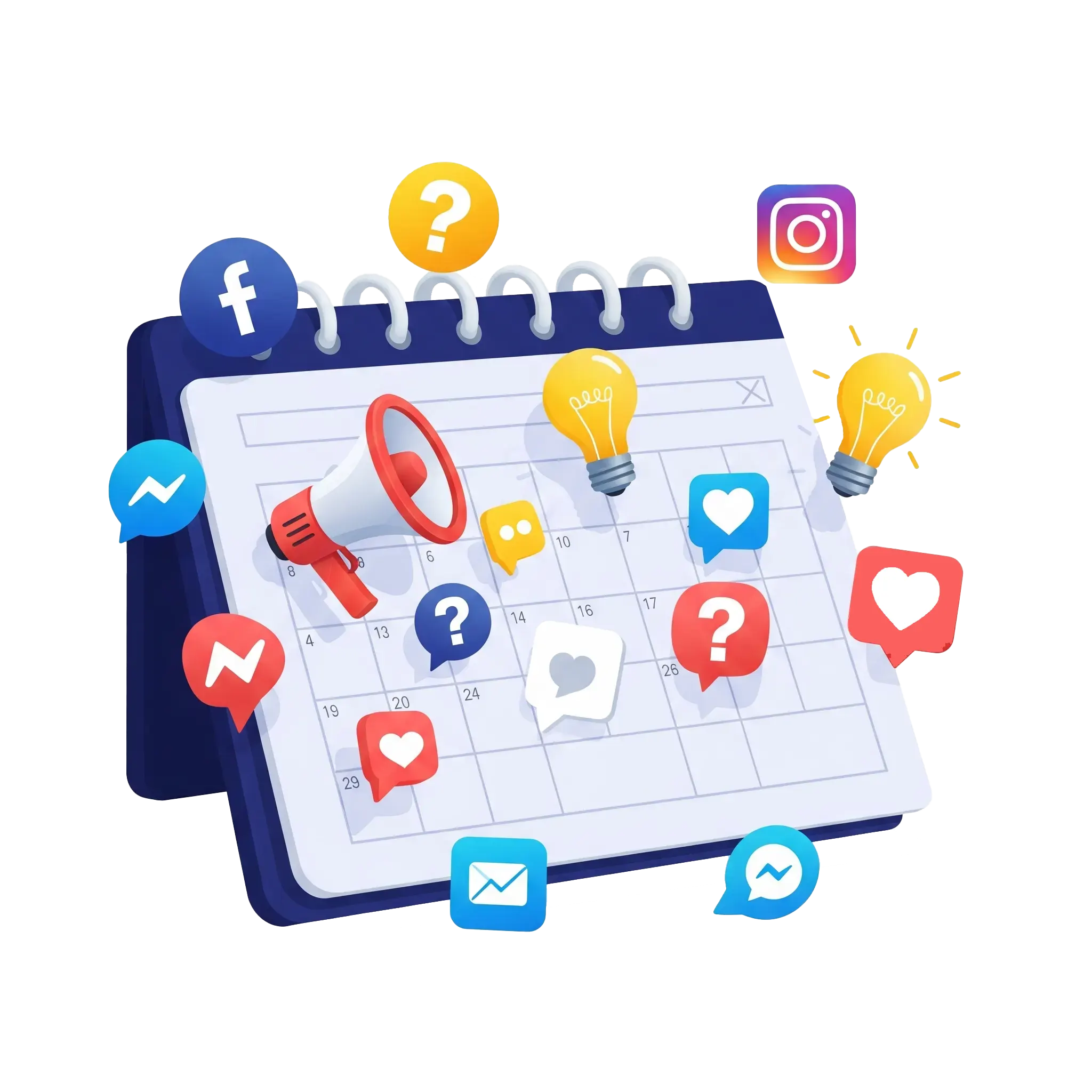 Plánovanie obsahu na sociálne siete – moderná ilustrácia digitálneho kalendára s ikonami príspevkov a symbolmi sociálnych sietí pre malé firmy
