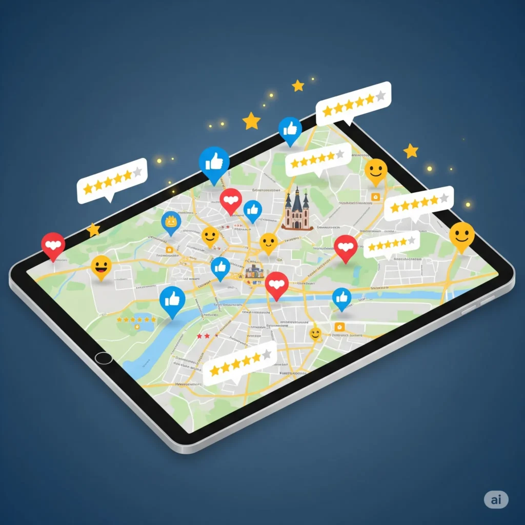 Ilustrácia recenzií zákazníkov Bratislava na digitálnej mape mesta s ikonami hodnotení bez ľudí a textu