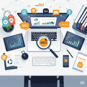 SEO optimalizácia obsahu na mieru – pohľad zhora na digitálny pracovný priestor s farebnými štítkami, SEO ikonami a grafmi
