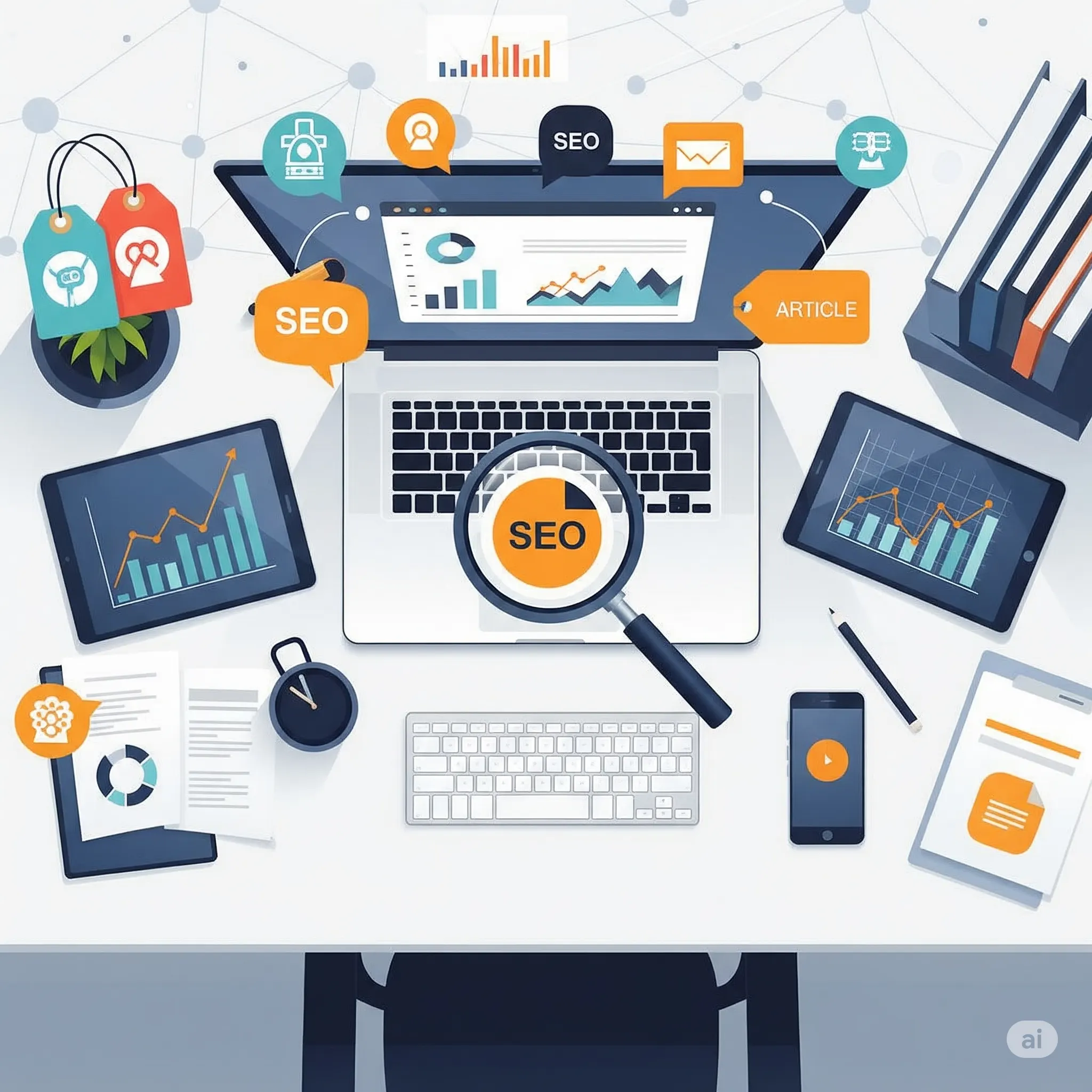 SEO optimalizácia obsahu na mieru – pohľad zhora na digitálny pracovný priestor s farebnými štítkami, SEO ikonami a grafmi
