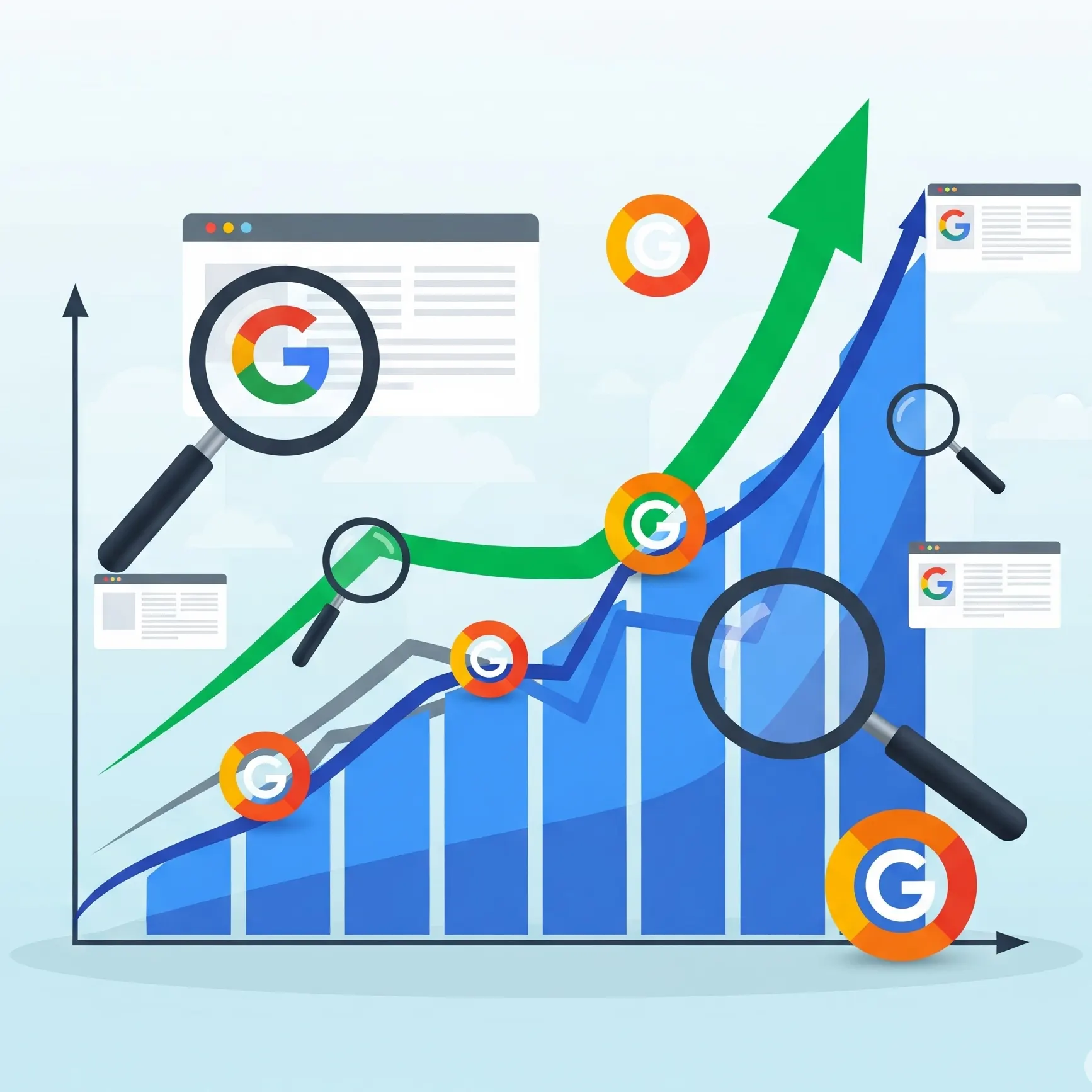 SEO optimalizácia obsahu – ilustrácia rastúceho grafu, lupy a webových ikon, ktoré symbolizujú rast návštevnosti a vyššie pozície v Google