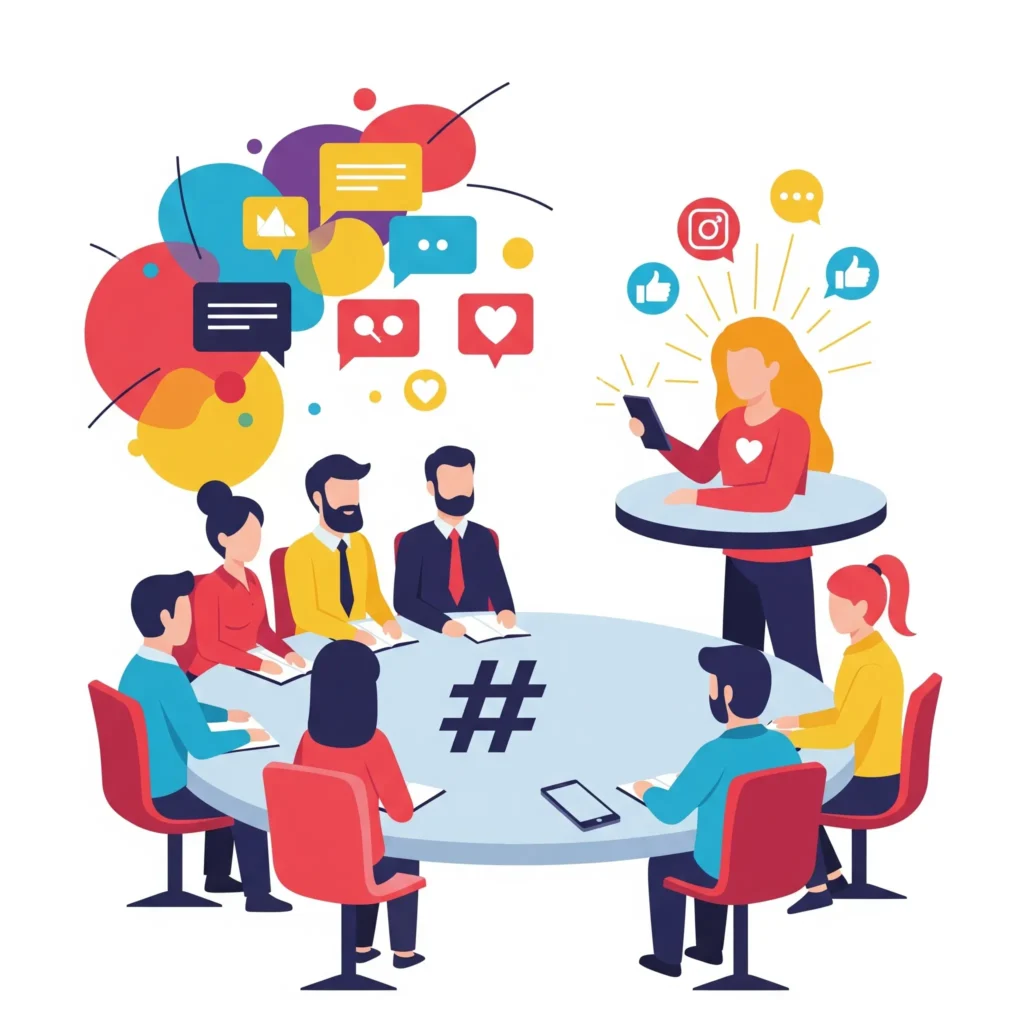 Ilustrácia spolupráce medzi malými firmami a mikroinfluencerom symbolizujúca rozvoj v influencer marketingu