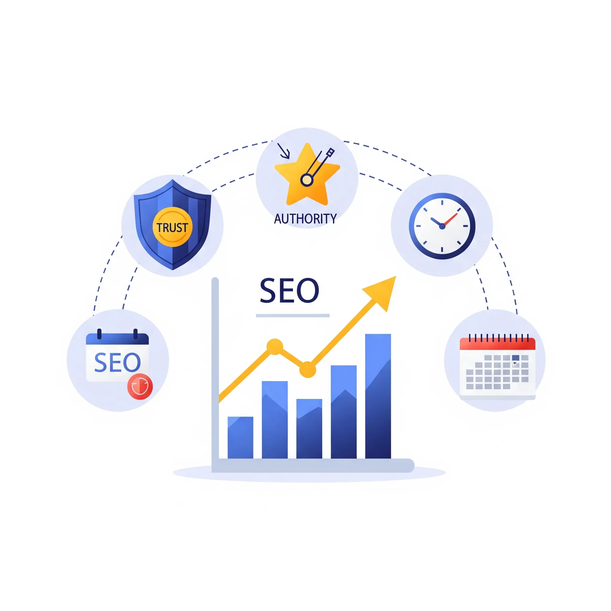 Výhody SEO optimalizácie blogov – ilustrácia rastúceho grafu a ikon SEO, dôvery, autority a úspory času