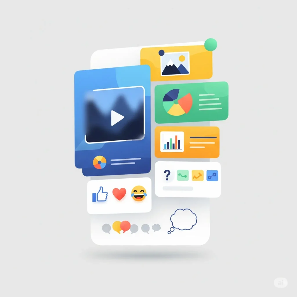 Ilustrácia rozmanitých formátov obsahu na sociálnych sieťach pre malé firmy zameraná na videá, grafiky a interakciu používateľov