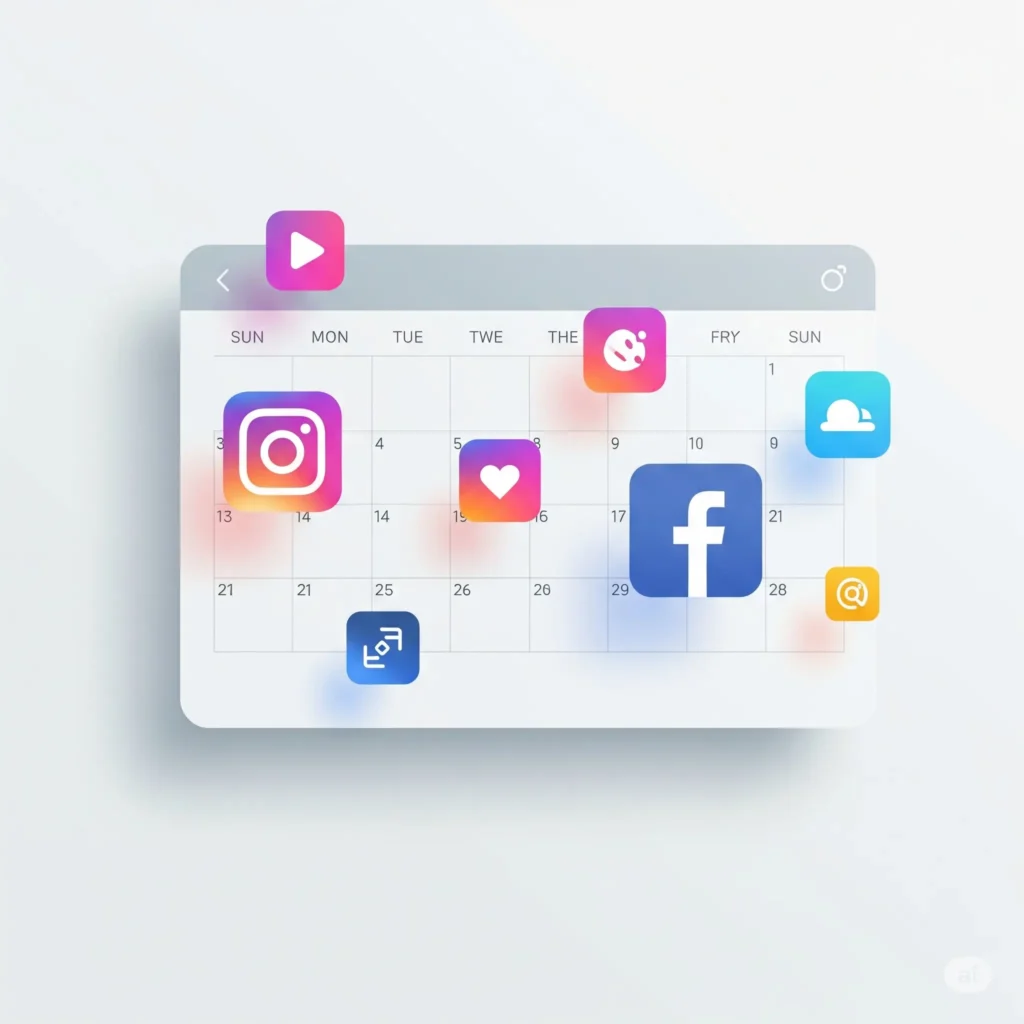 Ilustrácia plánovania obsahu na sociálne siete s digitálnym kalendárom a ikonami sietí