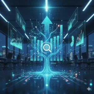 Moderný obrázok digitálnej analytiky znázorňujúci meranie SEO výsledkov a rast organickej návštevnosti