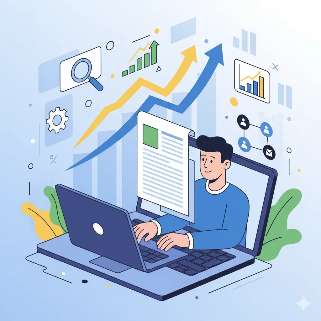 Ilustrácia seo optimalizácie článkov zobrazujúca marketéra pracujúceho na obsahu, stúpajúci graf a prepojené články