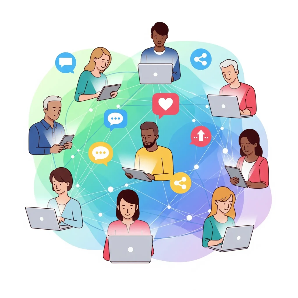 vizual aktivnej online komunity a interakcie na socialnych sietach podporujuci tvorbu obsahu a budovanie dovery