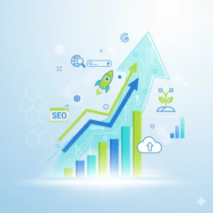 graf rastúcej webovej stránky s digitálnymi SEO ikonami, šípka smerujúca nahor symbolizuje úspešné SEO techniky