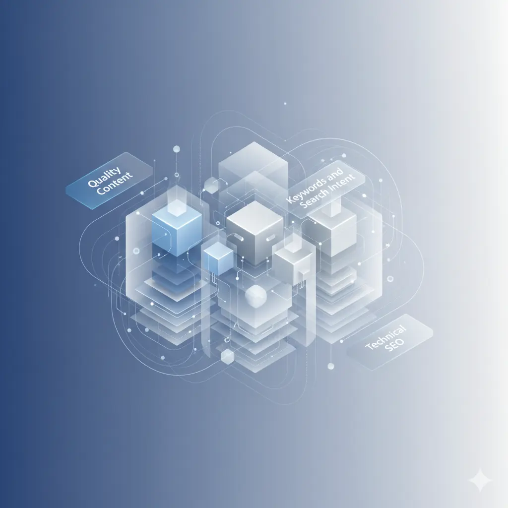 abstraktná vizualizácia prepojených SEO elementov symbolizujúcich komplexnú SEO stratégiu a kvalitný SEO obsah