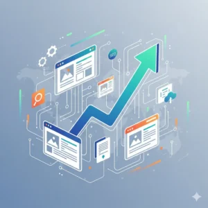 Rastúca krivka blogu s digitálnymi ikonami symbolizuje SEO a vyššiu návštevnosť