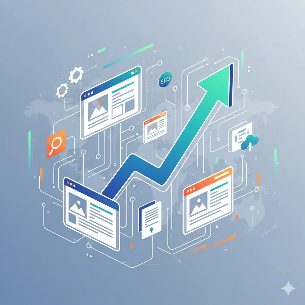 Rastúca krivka blogu s digitálnymi ikonami symbolizuje SEO a vyššiu návštevnosť