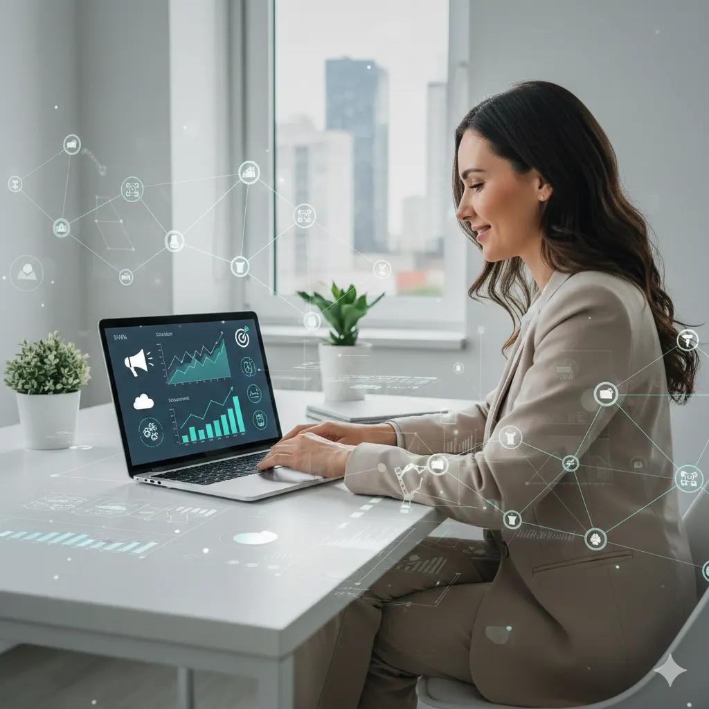 Podnikateľka pri notebooku analyzuje výsledky AI marketingu pre malú firmu s prehľadom grafov a digitálnych dát na obrazovke.