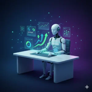 Novinky v umelej inteligencii pre marketing 2026 - futuristický AI agent analyzuje dáta a grafy pre SEO optimalizáciu a digitálny rast firiem