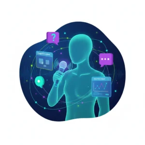 AI vyhľadávanie 2026 zobrazuje futuristické hlasové vyhľadávanie s Google AI asistentom a syntetizovanými odpoveďmi