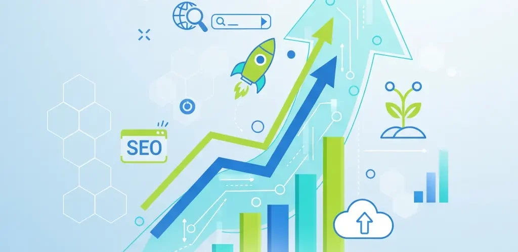 10-sposobov-ako-dostat-web-na-prvu-stranu-google graf rastúcej webovej stránky s digitálnymi SEO ikonami, šípka smerujúca nahor symbolizuje úspešné SEO techniky