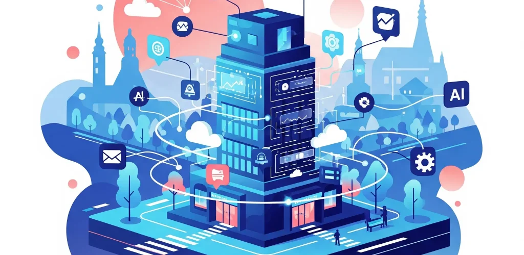 Ilustrácia malej firmy v Bratislave obklopenej digitálnymi prvkami symbolizujúcimi AI marketing a automatizáciu, bez textu a tvárí