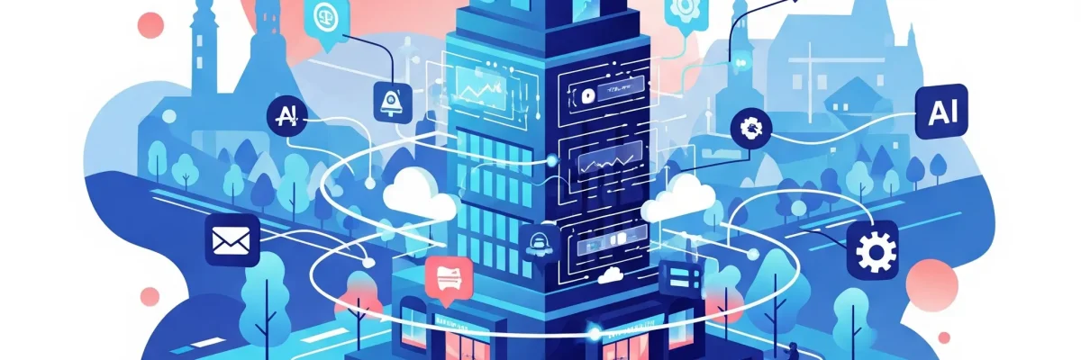 Ilustrácia malej firmy v Bratislave obklopenej digitálnymi prvkami symbolizujúcimi AI marketing a automatizáciu, bez textu a tvárí