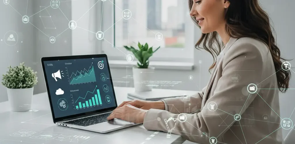 Podnikateľka pri notebooku analyzuje výsledky AI marketingu pre malú firmu s prehľadom grafov a digitálnych dát na obrazovke.