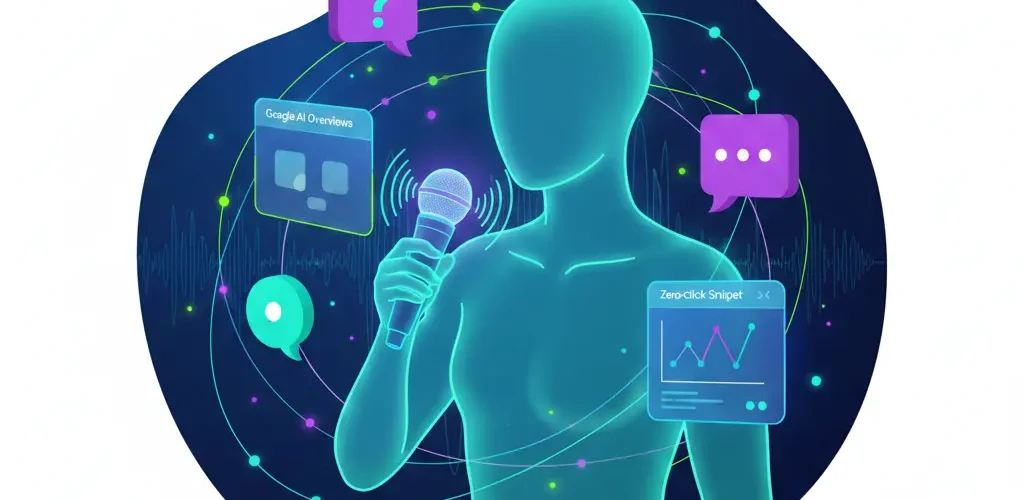 AI vyhľadávanie 2026 zobrazuje futuristické hlasové vyhľadávanie s Google AI asistentom a syntetizovanými odpoveďmi
