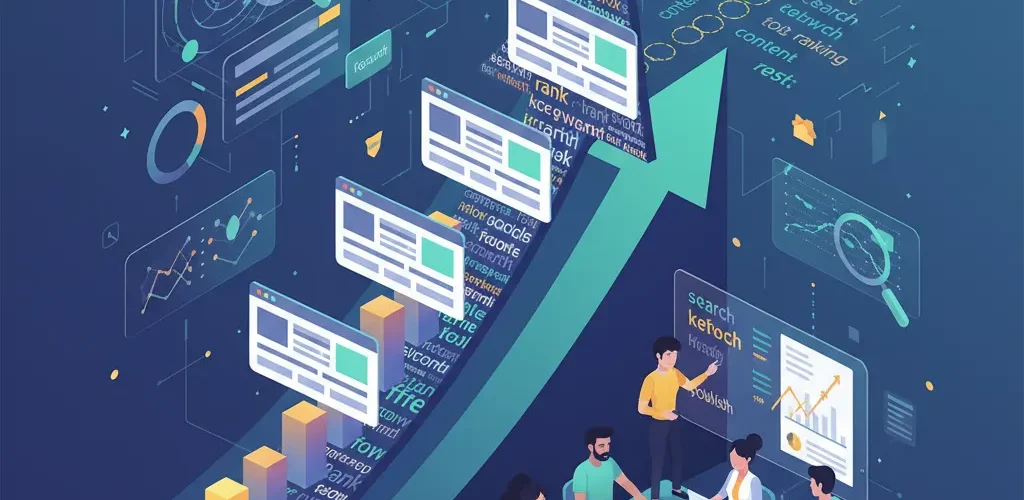 Ilustrácia znázorňujúca výber kľúčových slov a SEO optimalizáciu obsahu pre rast organickej návštevnosti webu