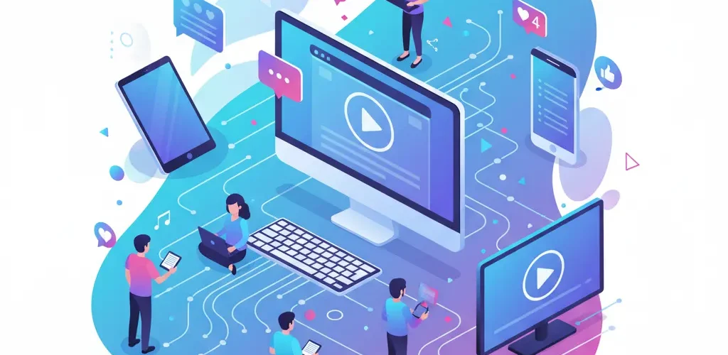 Ilustrácia online komunity zapojenej do interakcie s grafikou a video obsahom na sociálnych sieťach pre rast firiem