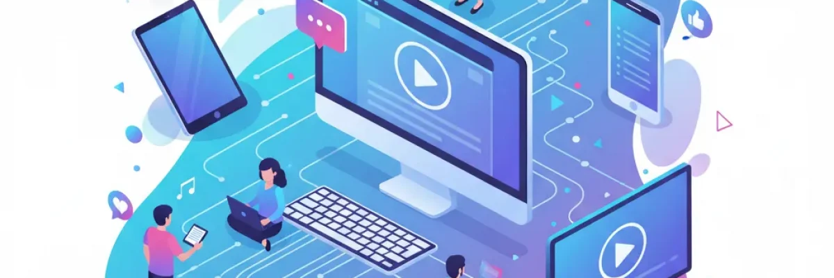 Ilustrácia online komunity zapojenej do interakcie s grafikou a video obsahom na sociálnych sieťach pre rast firiem