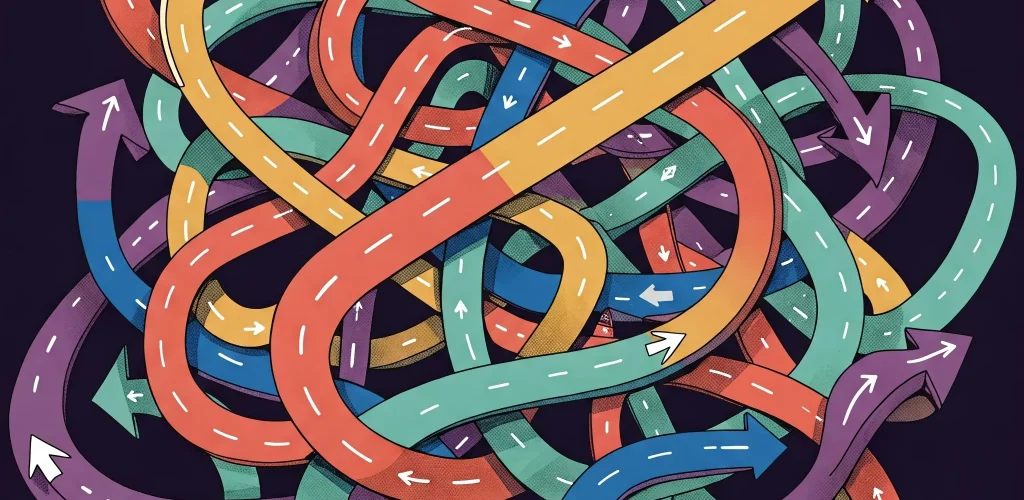 Abstraktná ilustrácia ciest a šípok symbolizujúcich chyby v marketingovej stratégii slovenských firiem, kde len jedna cesta vedie správnym smerom, bez textu a tvárí