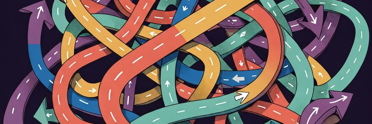 Abstraktná ilustrácia ciest a šípok symbolizujúcich chyby v marketingovej stratégii slovenských firiem, kde len jedna cesta vedie správnym smerom, bez textu a tvárí